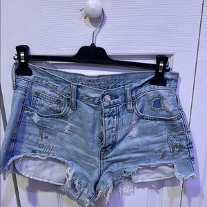 American Eagle Outfitters Blue Jean Shorts Distressed Mid-Thigh